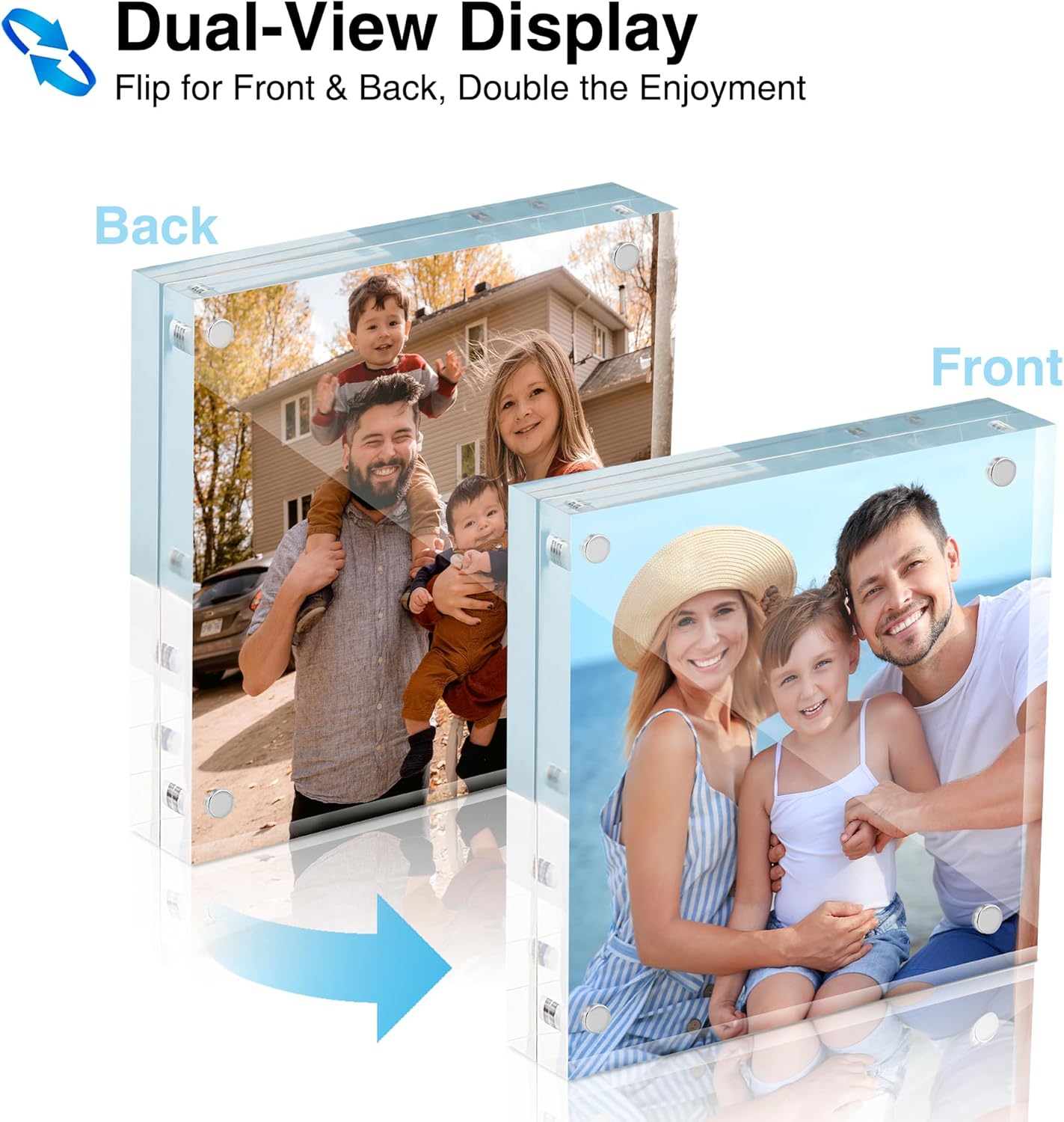 HOUSE DAY Acrylic Picture Frames 4x4, 1 Pack Magnetic 4 x 4 Picture Frame, Double Sided Clear 4x 4 Photo Frame with Microfiber Cloth, Frameless FreeStanding 4x4 Frame Gift for Desktop Display