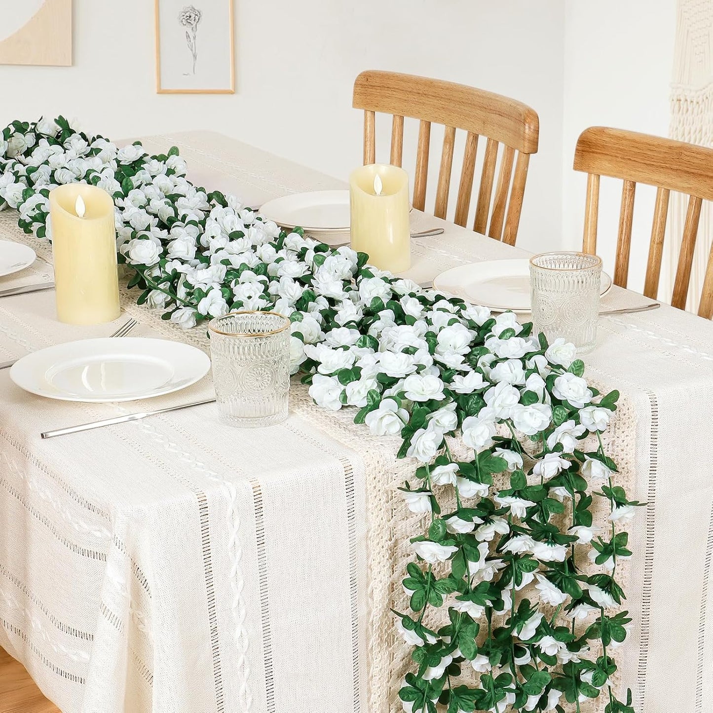 KHOYIME 18 Pack 144 FT Artificial Flower Garland, Fake White Roses Vines Silk Flowers Faux Plastic Outdoor Hanging Floral Ivy Garland Decoration for Wedding Arch Bedroom Home Wall Backdrop Room Decor