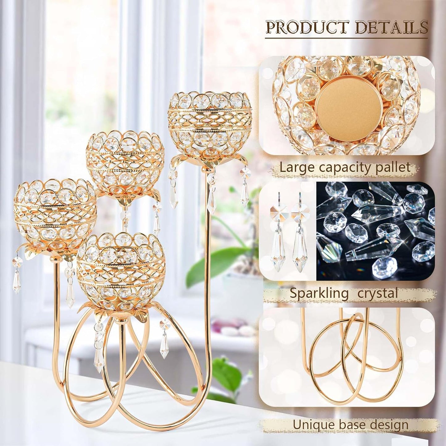 4 Arms Crystal Candelabra Tealight Holder - Tall 15.7 Inch Elegant Centerpiece with Crystal Pendant Bowls & Artistic Metal Stand for Wedding, Dining Table, Home Decor (4, Gold)