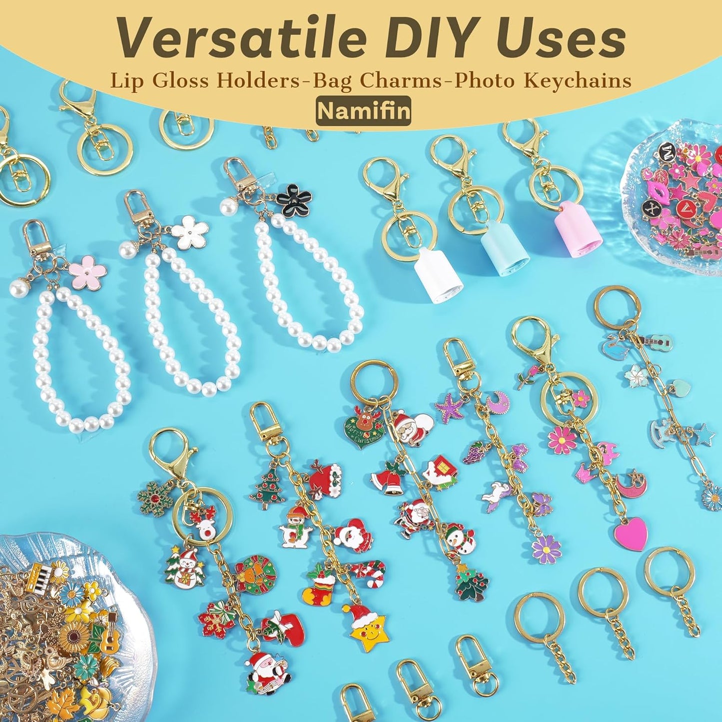 Namifin 384 Pcs Lip Gloss Keychain Making Kit with Charms & Keychain Clips - DIY Bag Charms, Photo Keychains, Personalized Gifts for Friends Small Business