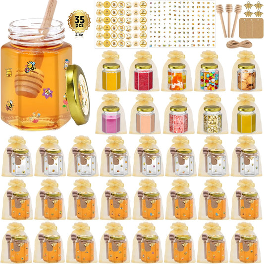 35 Pack 4 oz Mini Hexagon Glass Honey Jars with Dippers, Gold Lids, Bee Stickers, Bee Charms, Gift Bags & Jute– Empty Small Honey Jars for Party Favors Bulk, Ideal for Baby Showers ＆ Weddings