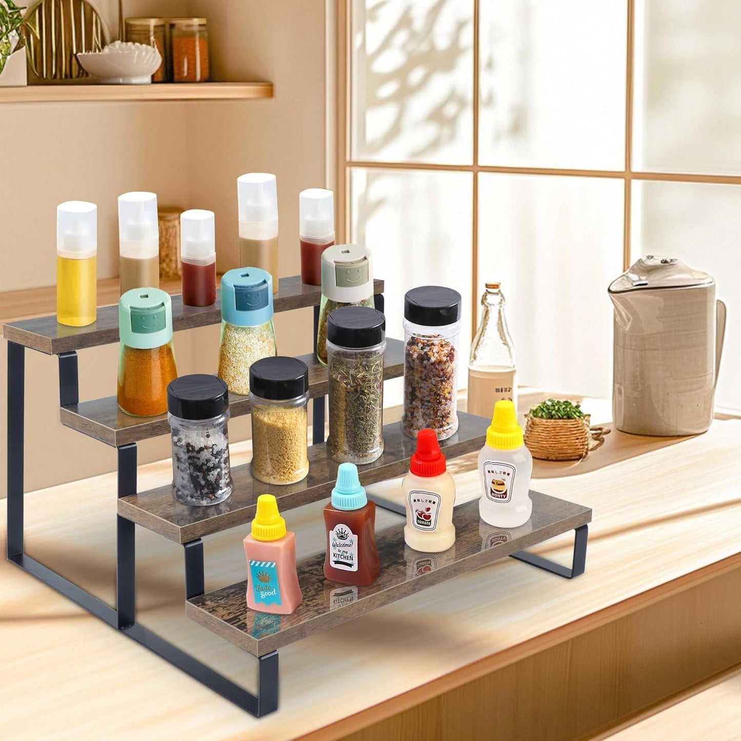 Wood Rustic Cupcake Stand, 4 Tier Stepped Cupcakes Stand, Wooden Display Stand Risers for Perfume, Tiered Spice Rack for Cabinet and Table Counter