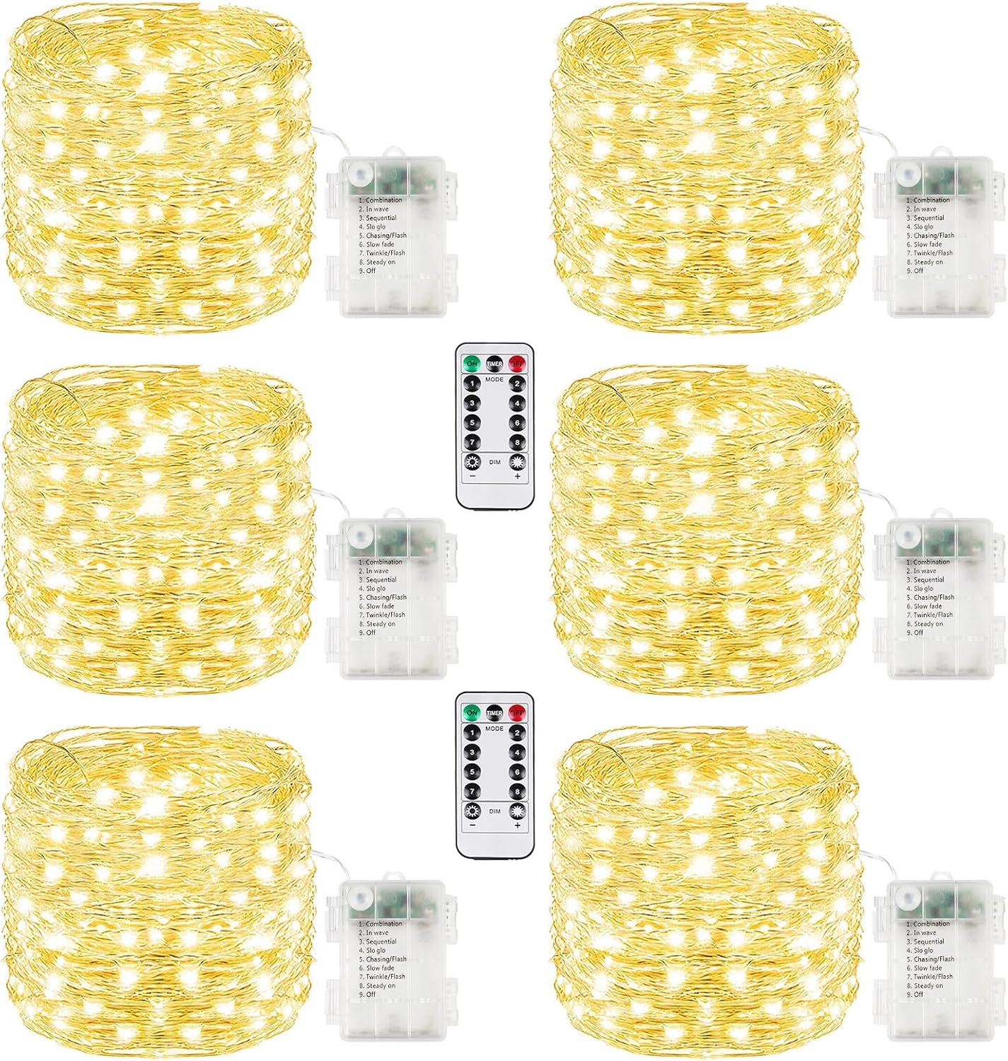 6 Pack Each 33FT 100LED Fairy Lights Battery Operated with Remote, Waterproof Twinkle Lights with Timer, Cuttable String Light Indoor & Outdoor for Bedroom Classroom Wedding DIY Christmas (Warm White)