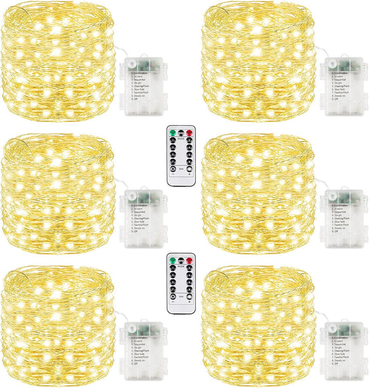 6 Pack Each 33FT 100LED Fairy Lights Battery Operated with Remote, Waterproof Twinkle Lights with Timer, Cuttable String Light Indoor & Outdoor for Bedroom Classroom Wedding DIY Christmas (Warm White)