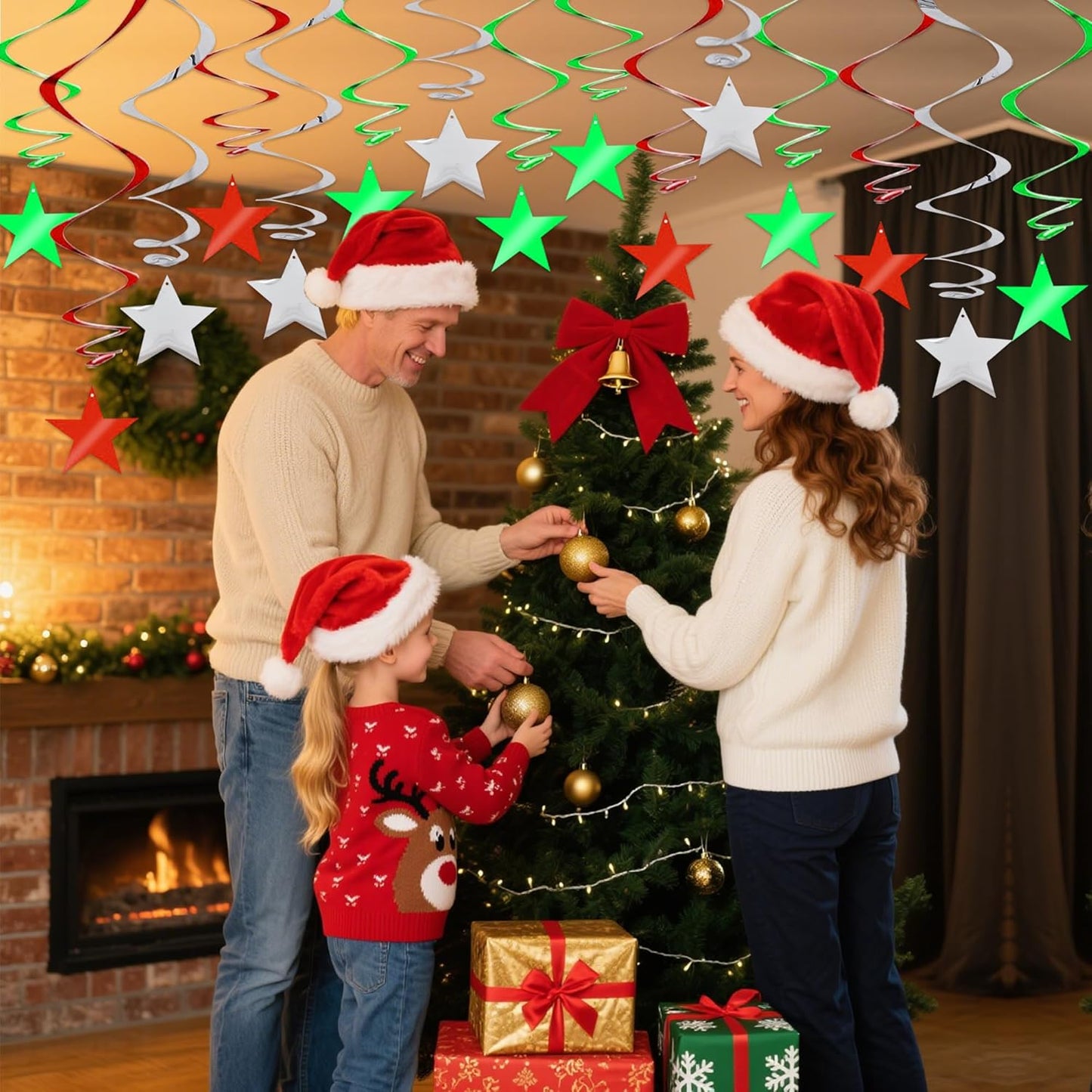 BEISHIDA Green Silver Star Hanging Swirl Decorations, Birthday Hanging Party Supplies for Christmas Wedding Baby Shower Birthday Decorations,Pack of 15