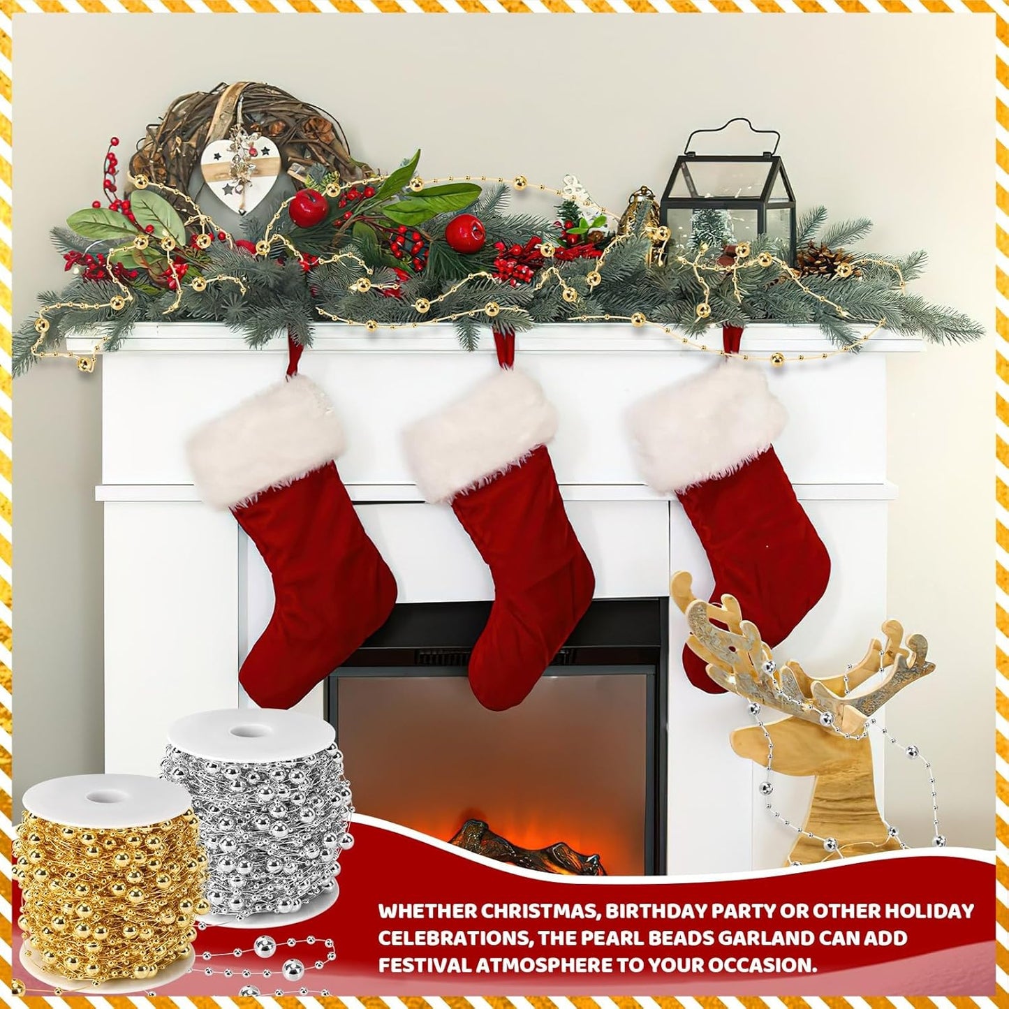 JULBEAR Beads Garland Decoration,1 Rolls 131 Feet Gold Christmas Pearl Strands Chain Bead Garland for Christmas Tree Fireplace Wreath Gift Bouquet Crafts Wrapping Wedding Party Centerpieces Decoration