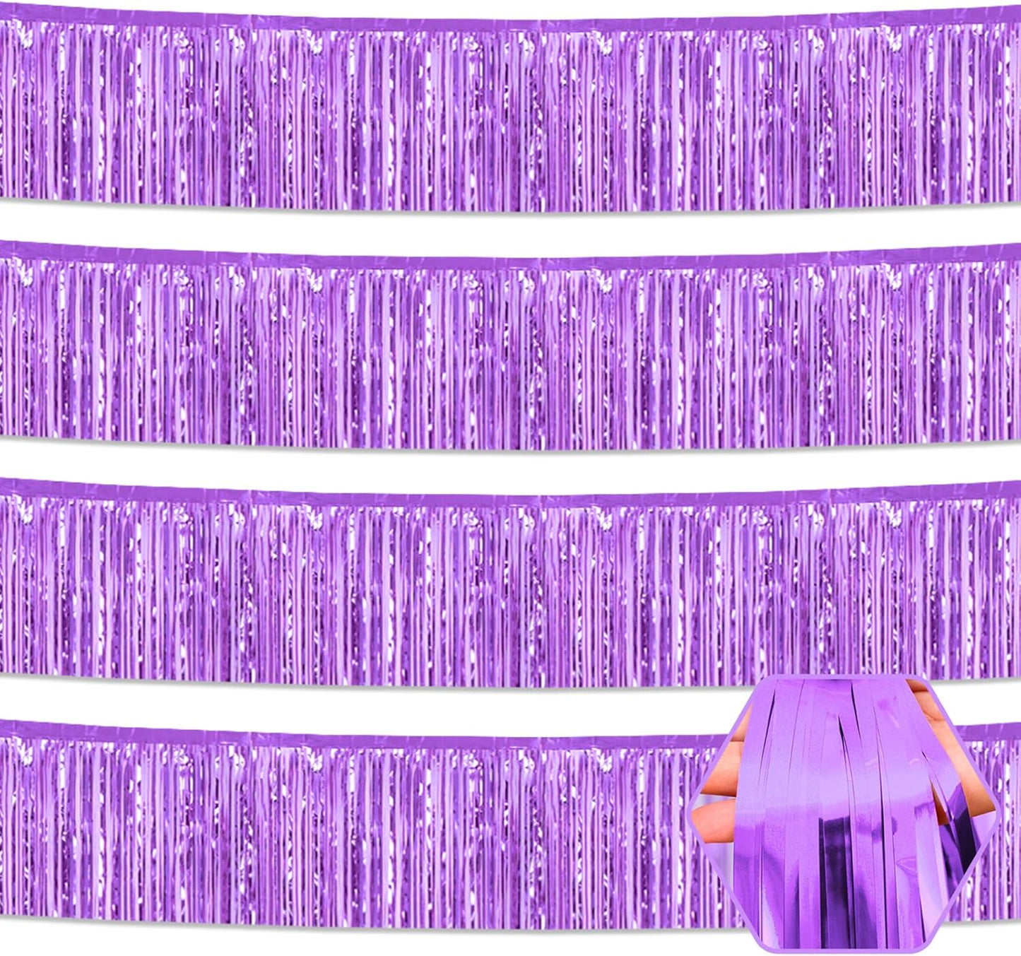 4 Pack 10 Feet Light Purple Foil Fringe Garland Metallic Tinsel Streamers Banner Wall Hanging Curtain Backdrop for Parade Floats, Wedding, Graduate, Mother's Day, Birthday Party Decoration