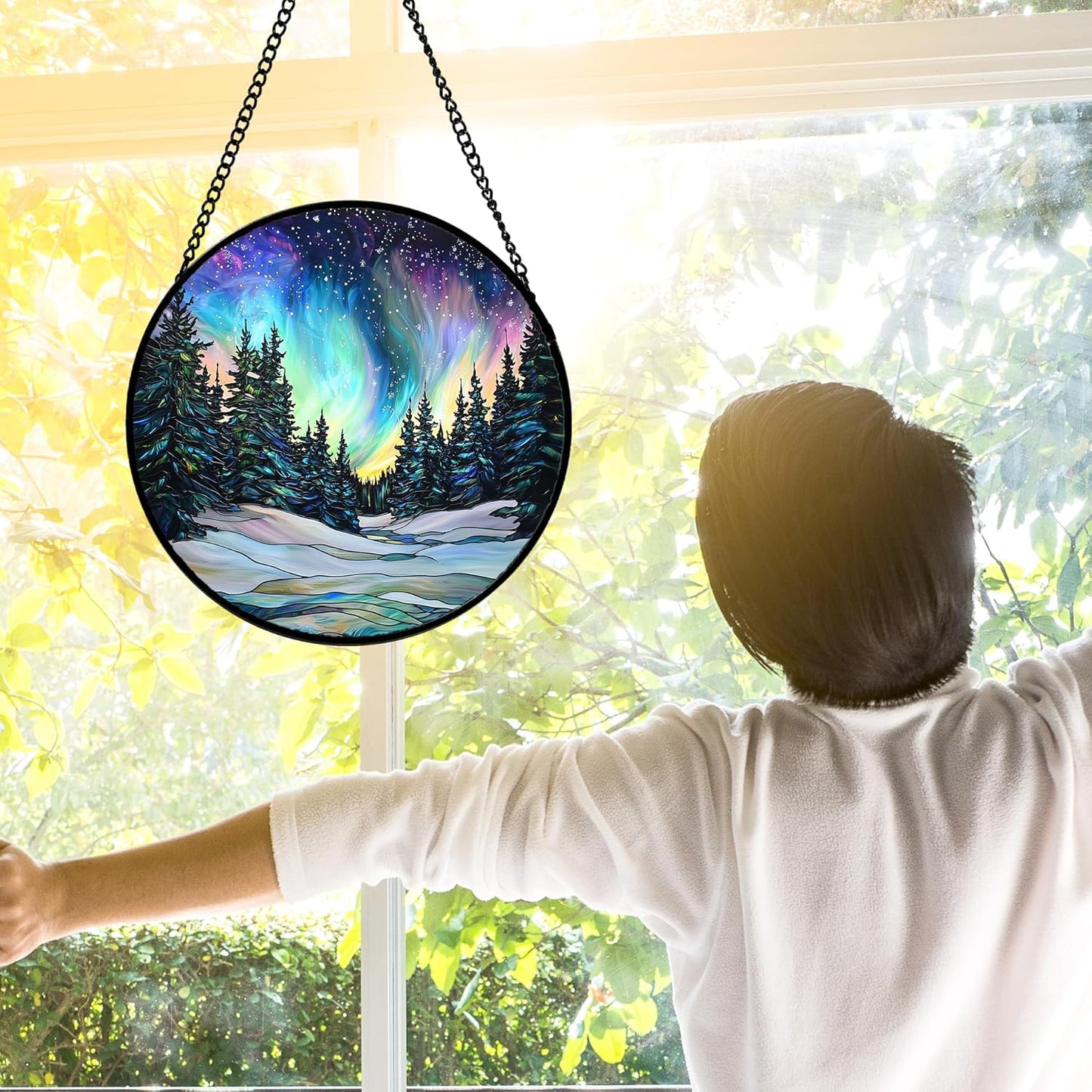Stained Glass Window Hanging, Aurora Landscape Sun Catchers Glass Panel Green Trees Suncatcher Decor for Birthday for Women, Men, Wife, Aunt, and Mom 6.3 in