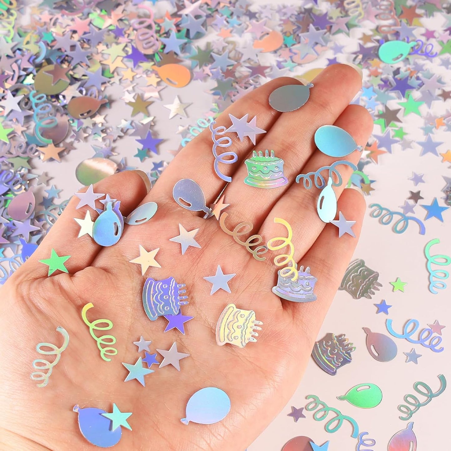 VHUWE Happy Birthday Confetti, 1.6 oz Laser Silver Cake Balloon Star Goblet Bottle Swirl Glitter Confetti for Boys Girls Kids Women Men Happy Birthday Party Table Decorations Supplies
