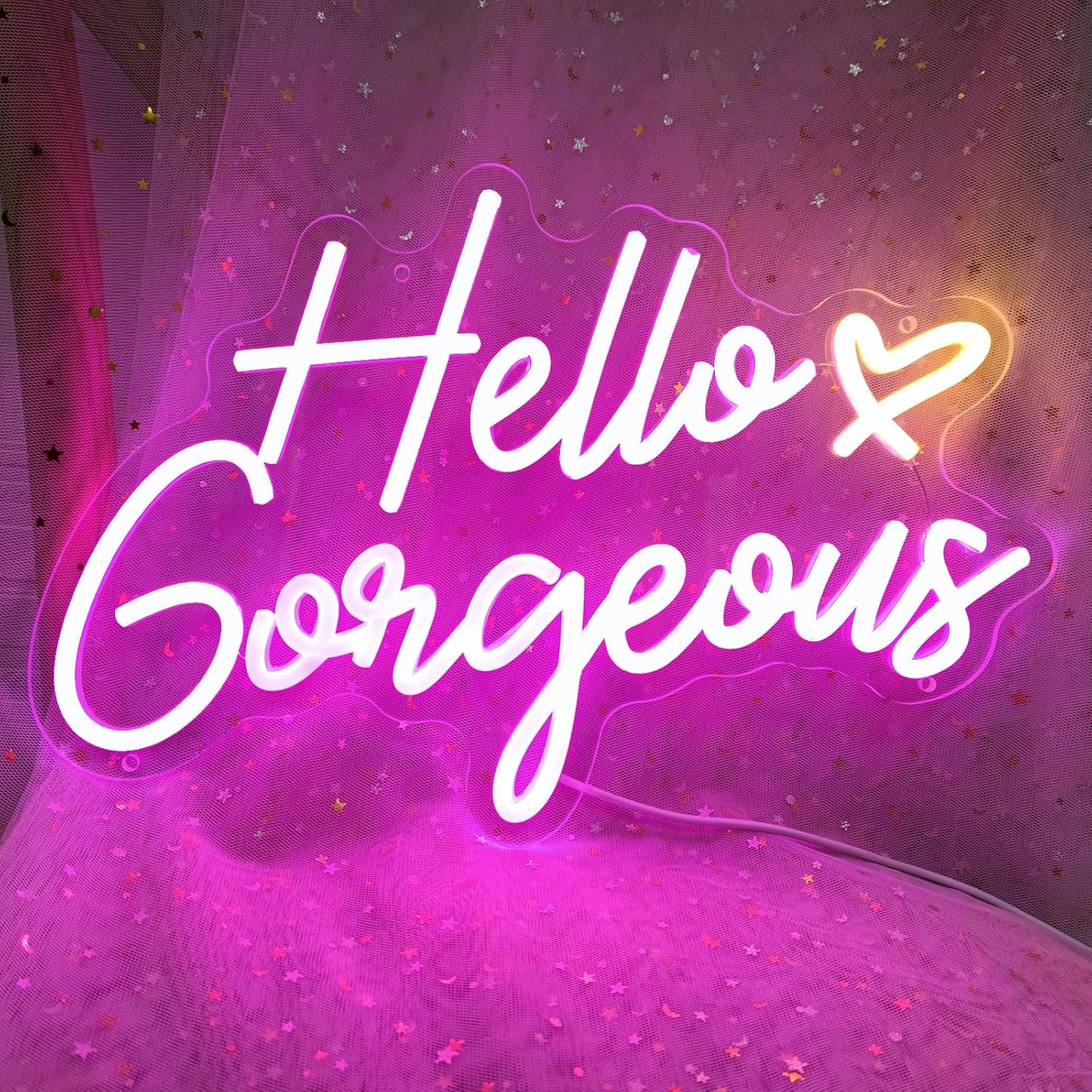 Hello Gorgeous Neon Signs Hello Gorgeous Wall Decor, Hello Gorgeous Bathroom LED Sign for Home Bar Wedding Birthday Backdrop Bacelorette Party, 15.7" x 10.3"