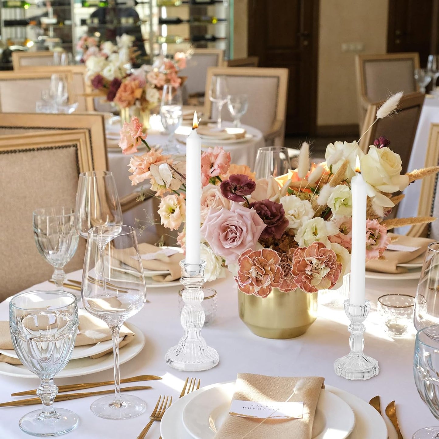 Mumufy 10 Pcs Glass Crystal Taper Candle Holders Clear Glass Candlestick Holder Fit 0.8 Inch Candles Crystal Decorative Candle Stand Centerpiece Table Wedding Dining Party (Classic,Clear)