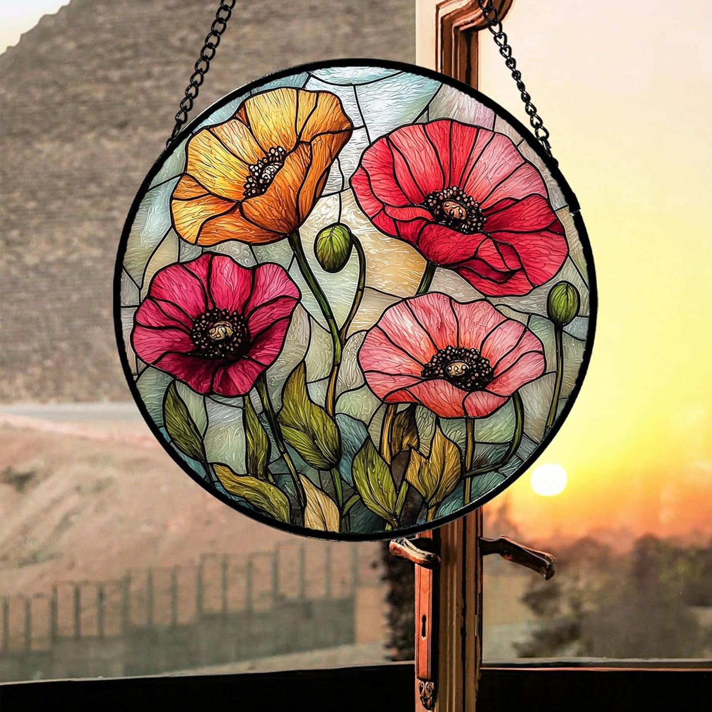 Stained Glass Suncatcher, Red Orange Poppy Flowers Sun Catcher Silver Background Wildflowers Window Hanging Decor Christmas Mother Birthday Gifts for Women Men Mom Nana 7.8 in