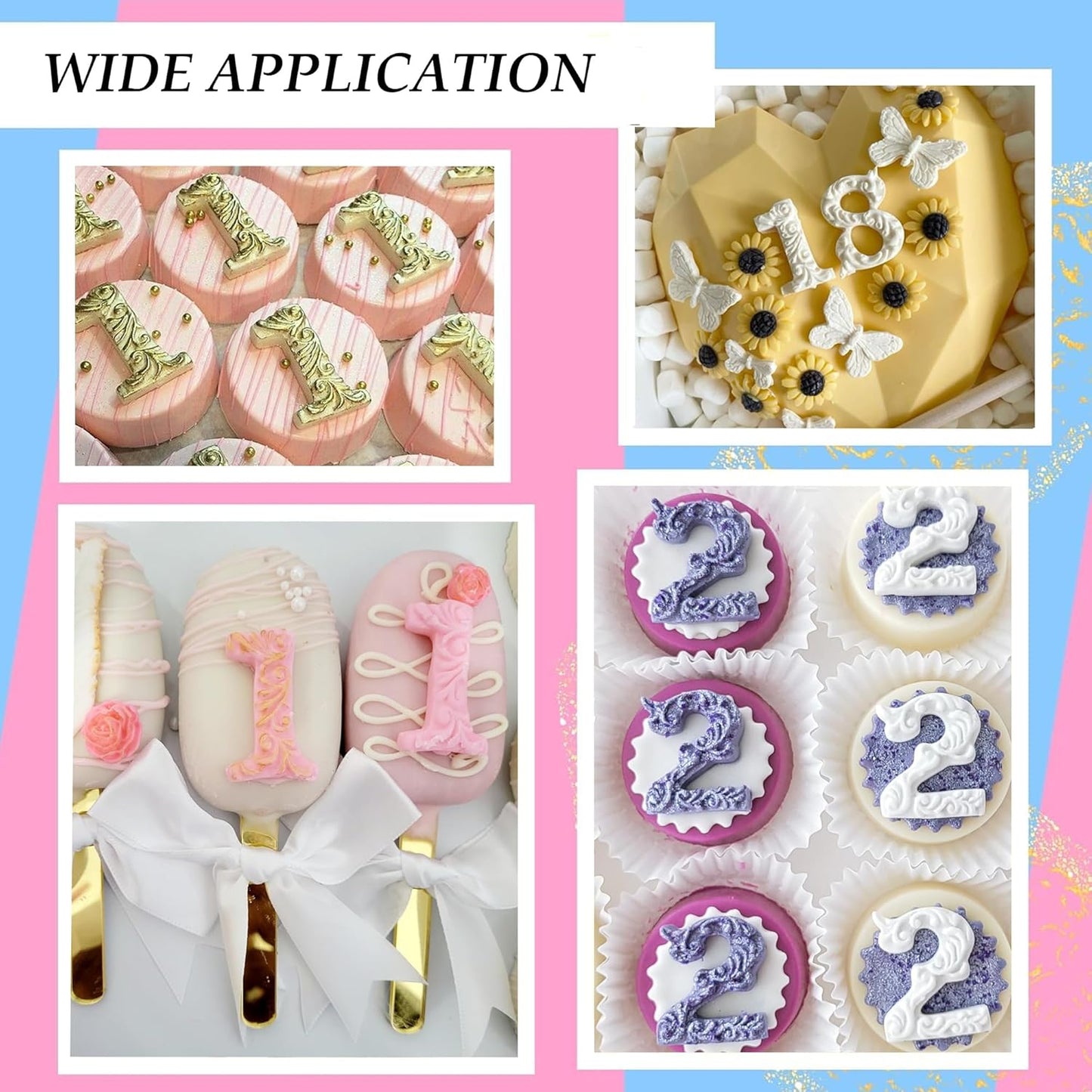 Silicone Fondant Molds, AIMEIKI 2 Pack 3D Silicone Number 0-9 Embossed Fondant Chocolate Baking Molds for Decorating Birthday Cake Candy Chocolate DIY Craft Projects