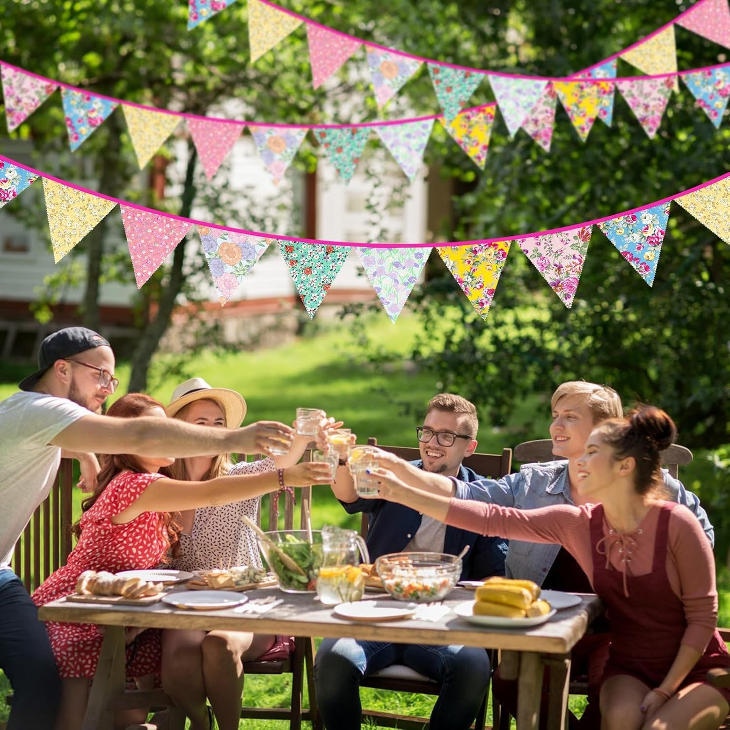 jijAcraft 39Ft Triangle Bunting Banner, 42Pcs Tea Floral Party Bunting Cotton Fabric Flags Pennant Garlands for Birthday Party, Wedding, Baby Shower, Outdoor and Home Decorations (Pink and Grenn)