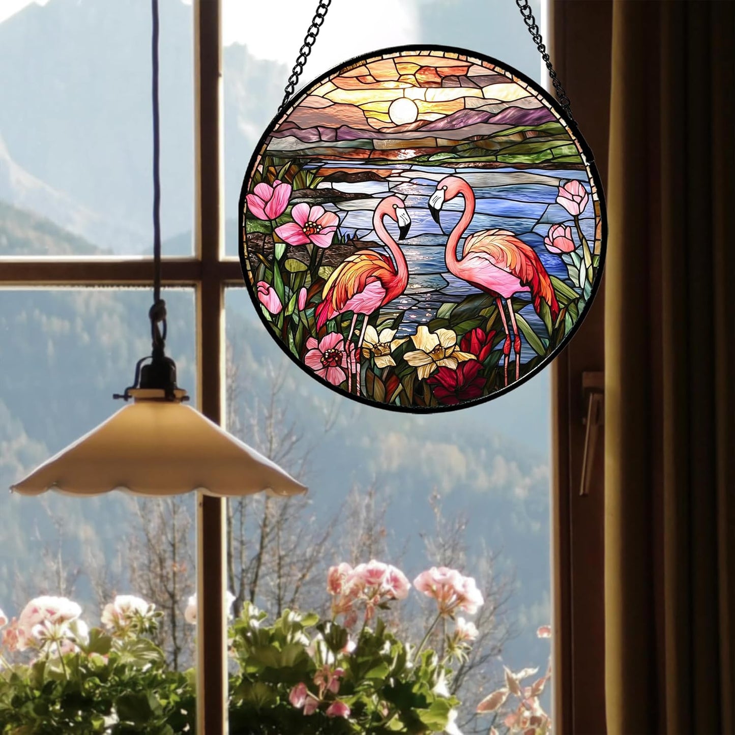 Stained Glass Window Hanging - Flamingo Wildflowers Landscape Suncatcher for Door Terrace Garden Home Decor Sunset Lake Sun Catcher Birthday Gifts for Lovers Women Men Dad Mom Nana 7.8 in