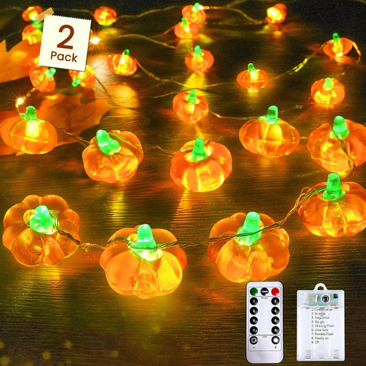 BOSSERN 2 Pack 60LED Thanksgiving Decoration 3D Pumpkin String Lights Battery Operated, 20FT Fall Lights with Remote, Waterproof 8 Modes Fairy Lights for Autumn Harvest Thanksgiving Halloween Decor