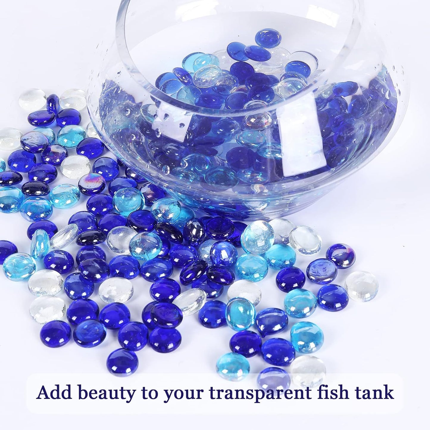 5LB Fire Glass Beads Flat Glass Marbles for Outdoor Fire Pit and Fireplace, Glass Gemstones for Vase Filler, Aquariums, Hydroponics Plants, Home Decor and Christmas DIY Craft, Blue Mixed