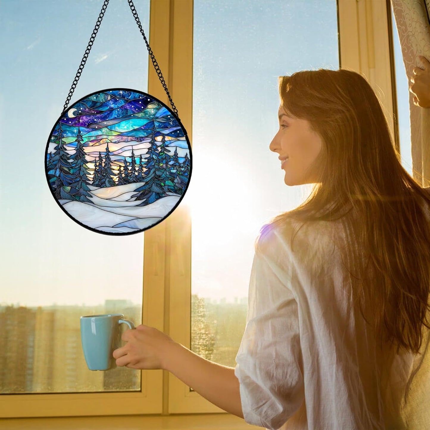 Stained Glass Window Hanging, Starry Sky Trees and Snow Sun Catchers Glass Panel Blue Suncatcher Decor for Birthday for Women, Men, Wife, Aunt, and Mom 7.8 in