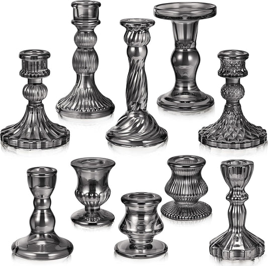 Mumufy 10 Pcs Glass Crystal Taper Candle Holders Clear Glass Candlestick Holder Fit 0.8 Inch Candles Crystal Decorative Candle Stand Centerpiece Table Wedding Dining Party (Classic,Black)