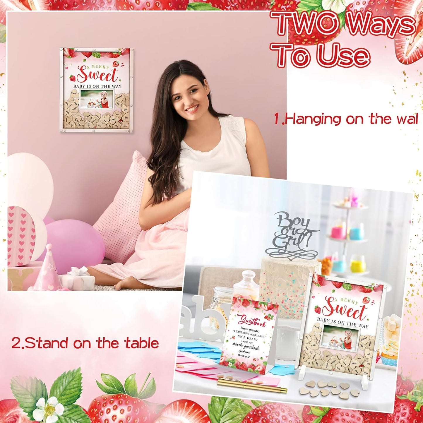 65 Pcs Strawberry Baby Shower Guest Book Berry Theme Baby Shower Decorations Alternatives He or She Gender Reveal Decorations Sign in Guest Book with Picture Frame and 60 Wooden Chip