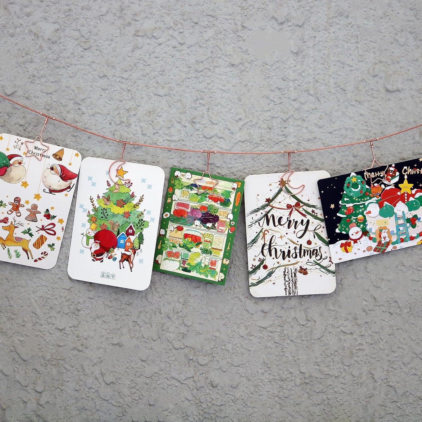 Chain Photo Clip Wall-Mounted Picture Holder Metal Photo String with 12 Clips for Hanging Painting Family Photos Artworks Home Decor(Fixed) (Rose Gold-Star and Moon)