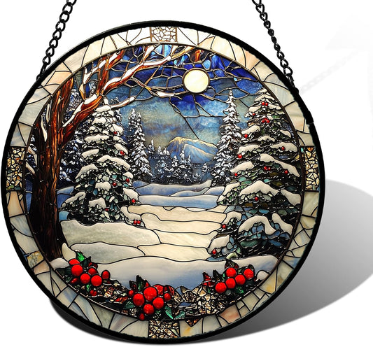 Stained Glass Window Hanging Christmas Tree Winter Snow Night Scenery 7.8" - Suncatcher Door Garden Kitchen Sun Catcher Home Decor Birthday for Mom Men Woman Friend