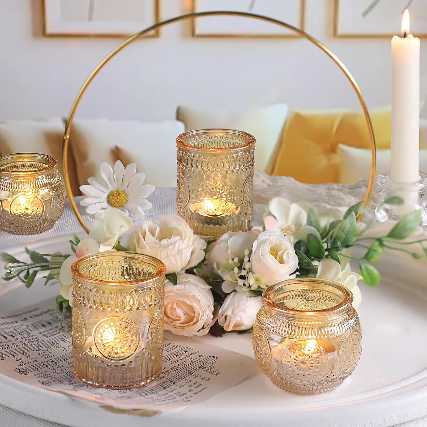 DARJEN 12Pcs Gold Votive Candle Holders - Glass Candle Holder for Table Centerpiece, Tea Lights Candle Holders for Home, Party & Wedding Shower Decoration