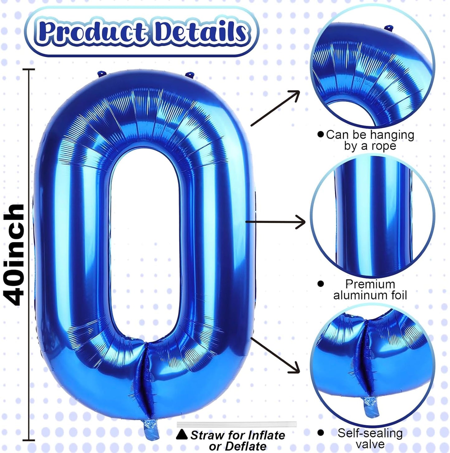 40 Inch Large Numbers Balloons 0-9, Self Inflating Navy Blue Foil Number 0 Helium Balloon Boy Girl, Big Dark Royal Blue Digit 0 Balloons for Women Men 30 40 50 60 70 80 100 Birthday Party Decoration