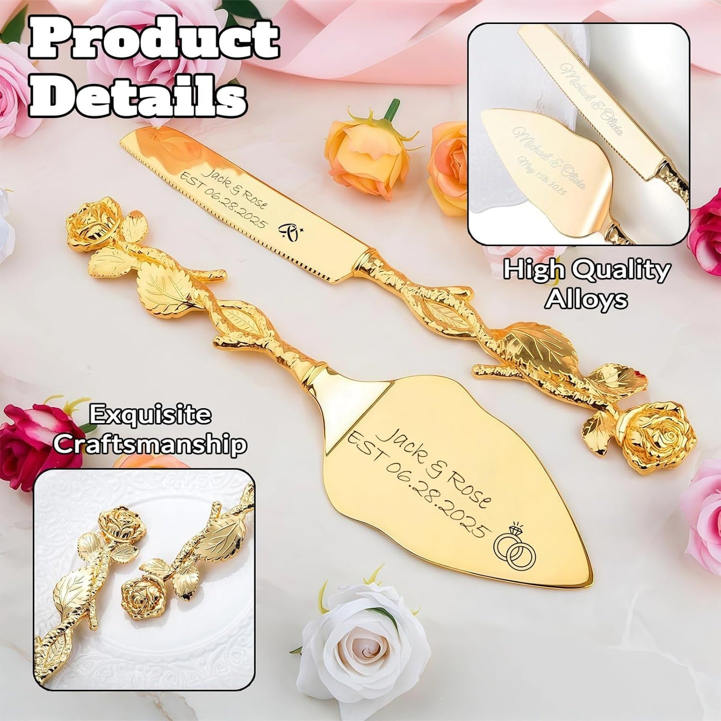 Personalized Wedding Cake Knife and Server Set, Custom Name/Date Cake Cutting Set for Wedding, Customized Cake Cutter for Bridal Anniversary Birthday Couple Gifts (Rose-Gold)