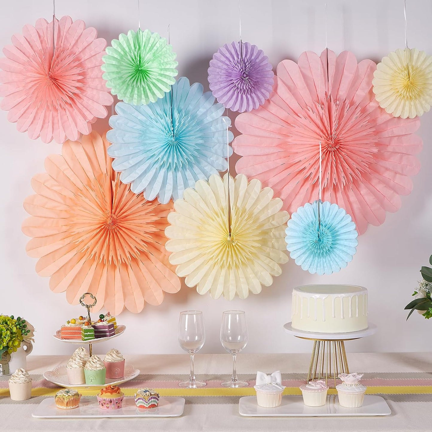 9PCS Huge Pastel Hanging Paper Fans Decoration Macaron Birthday Party Decorations Rainbow Ice Cream Easter Paper Hanging Decor for Bridal Baby Shower Classroom Home Decor