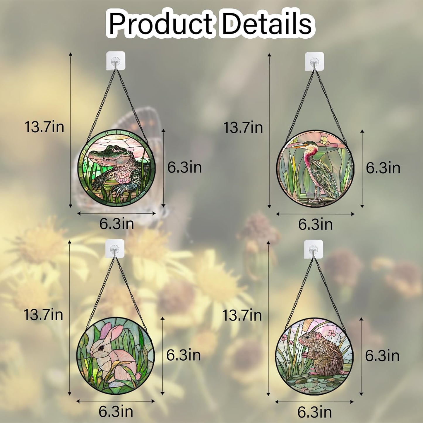 Stained Glass Window Hanging 4 Pcs Set Cute Animal 6.3"- Green Plant Pink Suncatcher Door Garden Sun Catcher Decor Birthday Christmas for Mom Woman Nana Men Friend