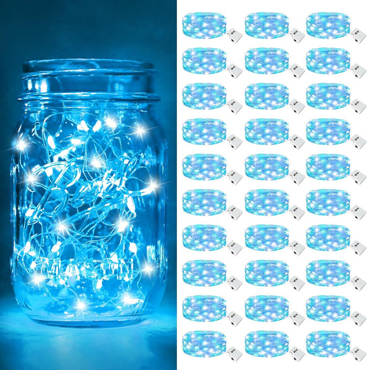 btfarm 30 Pack Fairy Lights Battery Operated [3 Modes], 7ft 20 Led Twinkle Lights String Lights Waterproof Bulk Small Mini Silver Wire for Christmas Mason Jars Wedding Table Centerpiece, Blue White
