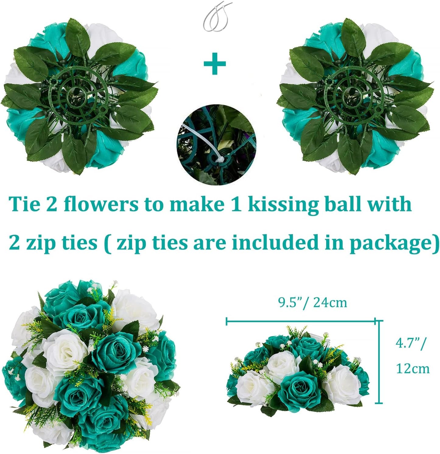 BLOSMON Teal Flowers Artificial Centerpieces: 6 Pcs Fake Roses Flowers Balls for Wedding Dinning Table - Faux Silk Kissing Floral Arrangement for Home Party Event Decor