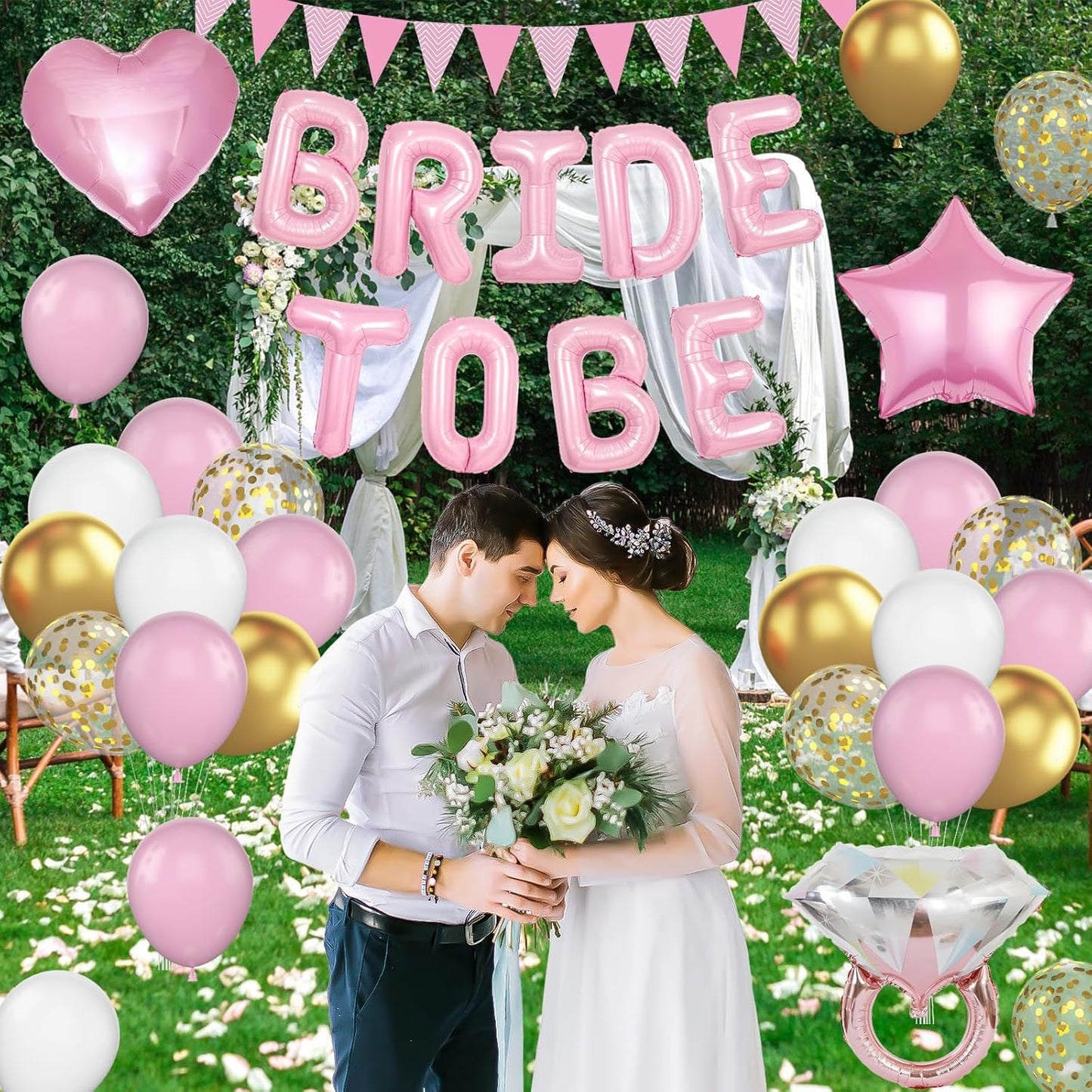 Pink and Gold Bachelorette Party Decorations, Pink Bride To Be Bridal Shower Balloons Decorations, Pink Gold Confetti Balloons with Diamond Ring Star Heart Balloon for Bachelorette Engagement Wedding