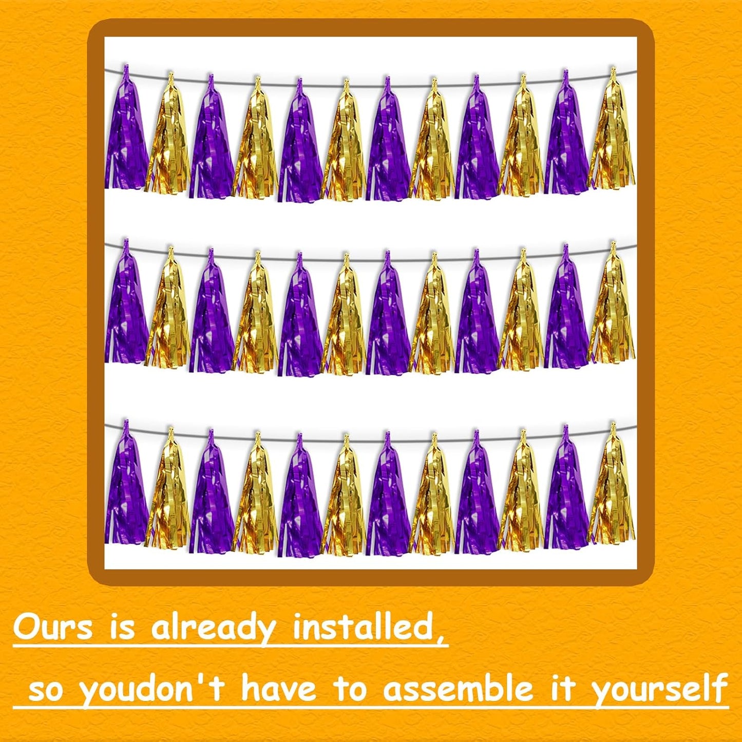 3P Purple Gold Metallic Fringe Tassel Banner Garland Foil Tinsel Streamer Wall Hanging Curtain Backdrop Banner for Parade Floats, Graduation Decorations, Halloween, Christmas Decorations