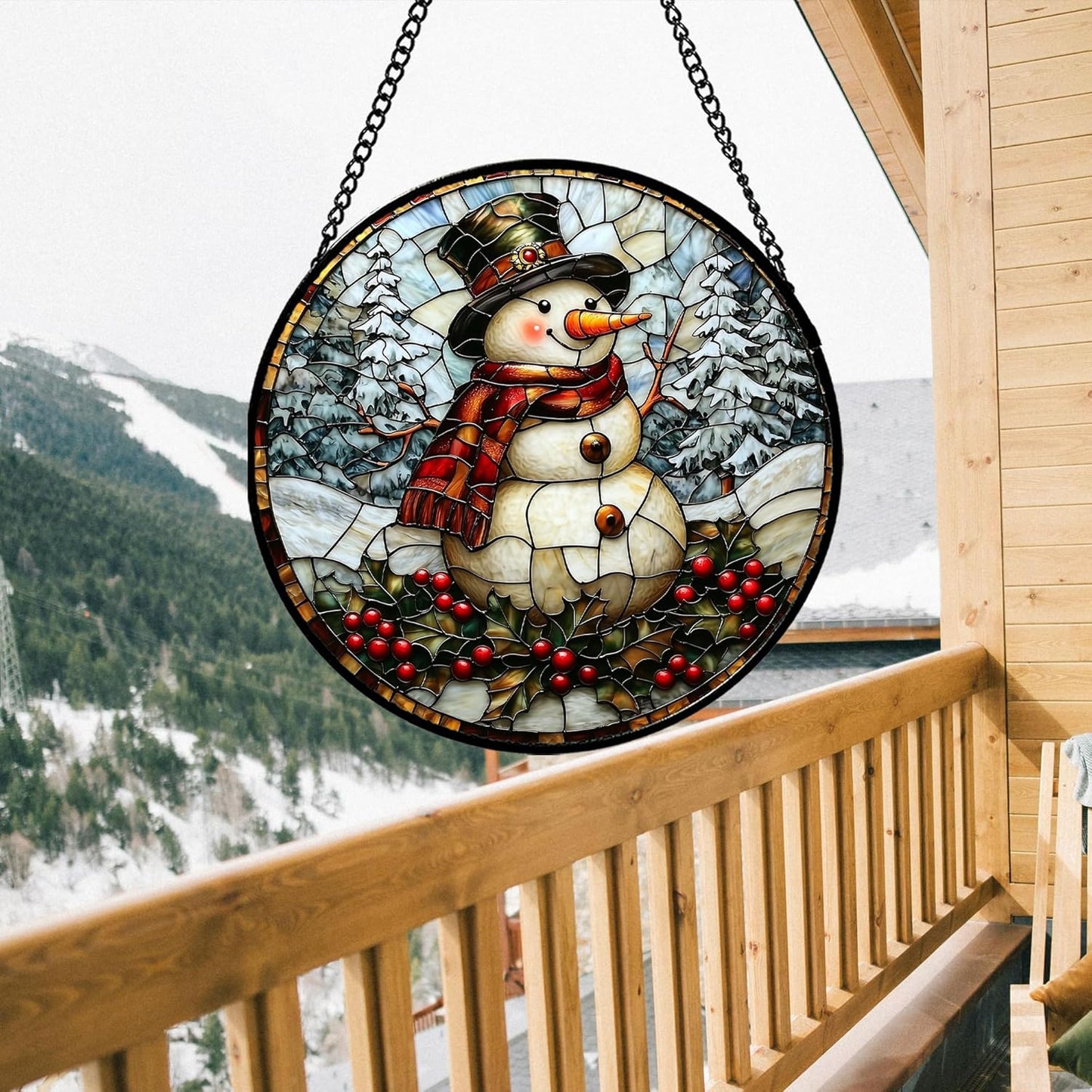 Stained Glass Window Hanging - Christmas Snowman Suncatcher for Door Terrace Garden Home Decor Winter Forest Snow Sun Catcher Birthday Gifts for Lovers Women Men Dad Mom Nana 7.8 in