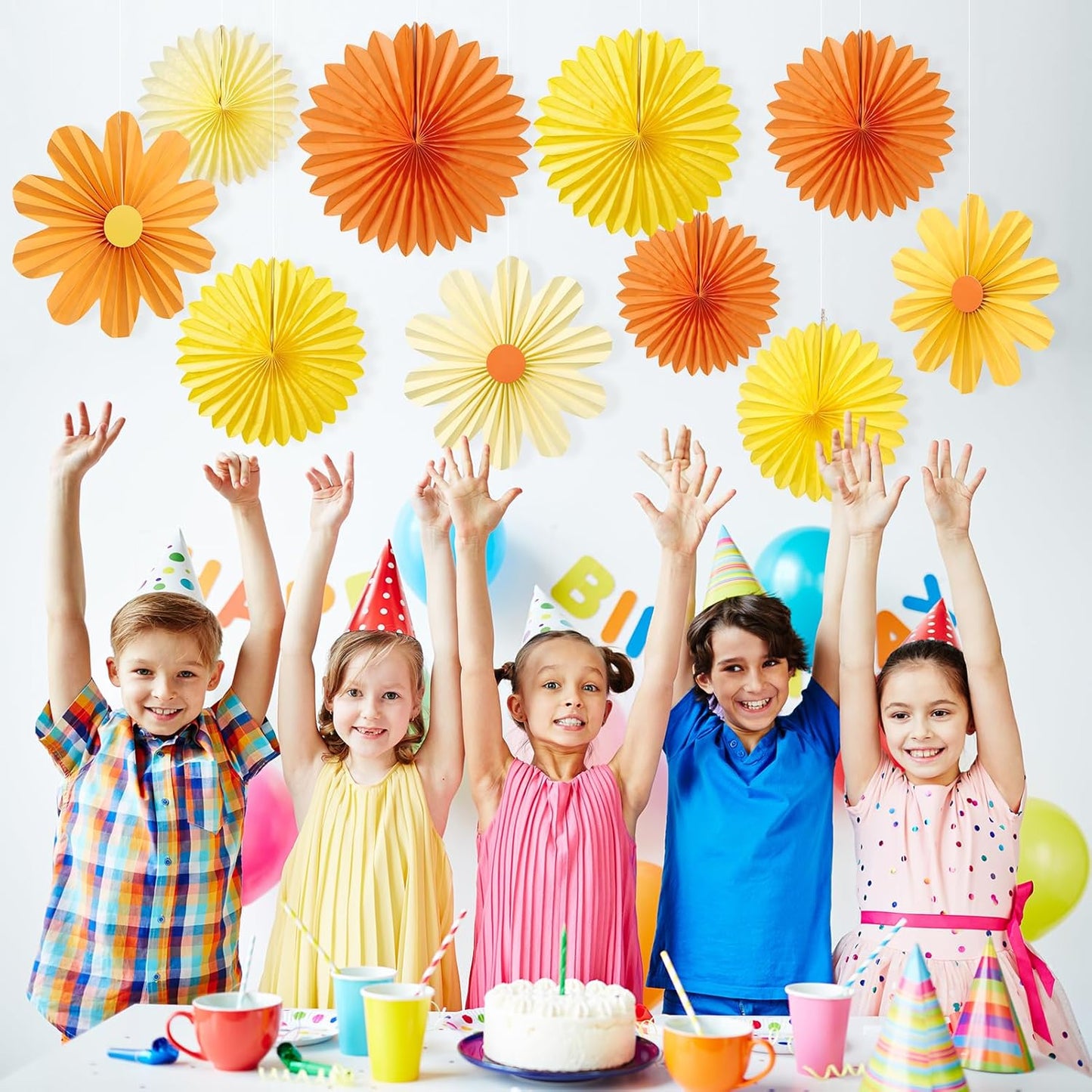 11PCS Paper Flowers Decorations for Wall Daisy Paper Fans Classroom Decoration Paper Orange Backdrop Decor Hanging Paper Fans for Birthday Baby Shower Indoor Spring Deco