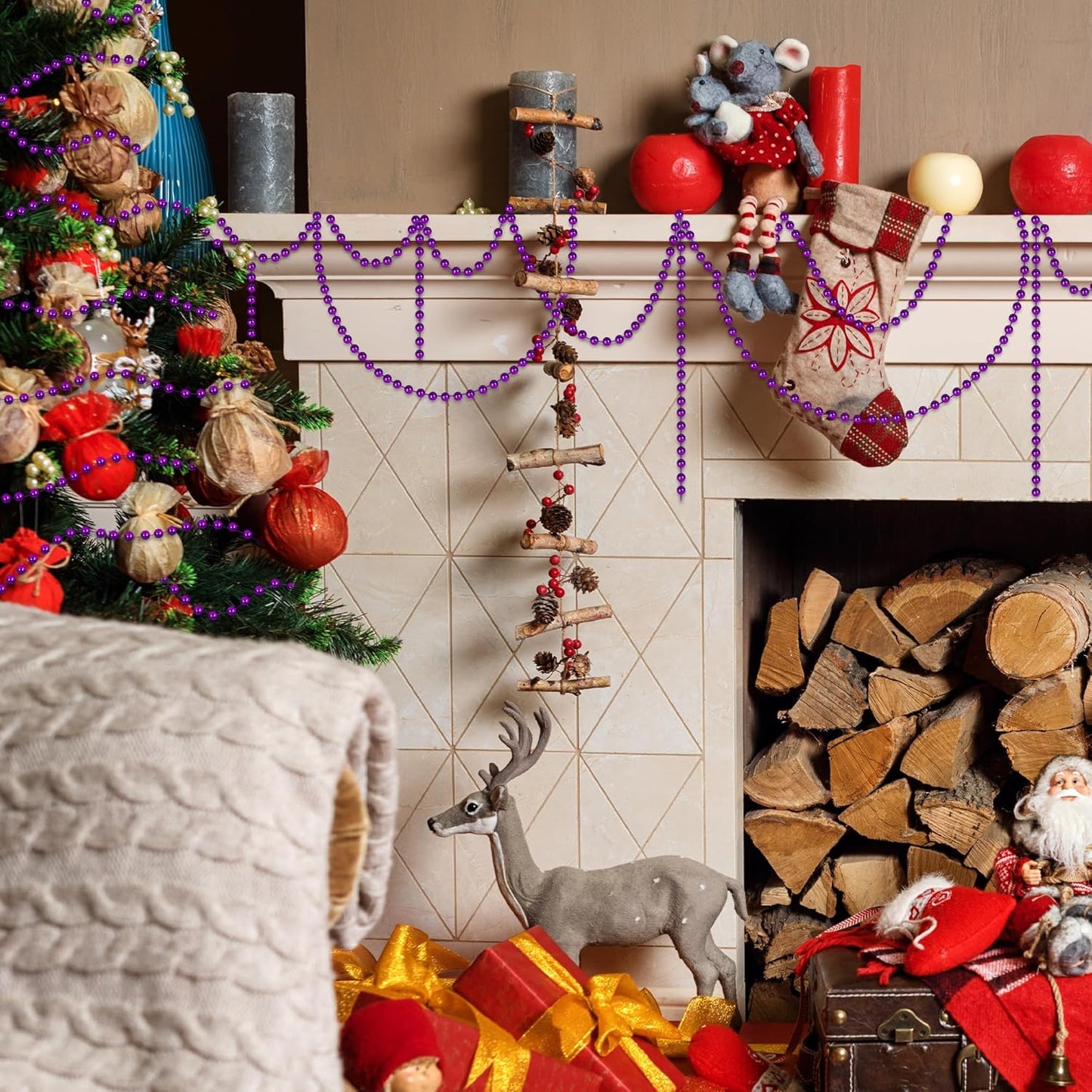 100 Feet Purple Christmas Decorations for Tree, Artificial Garland for Christmas Tree, Christmas Beads Garland for Xmas Tree Decorations Home Fireplace Balcony Party DIY Decor