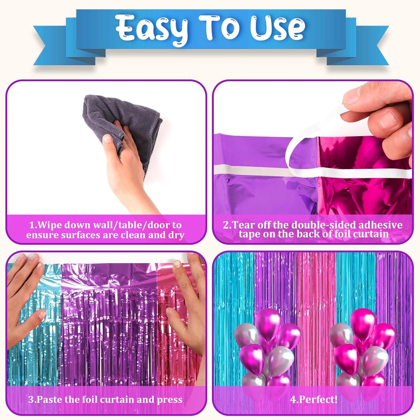 2 Pack Blue Purple Pink Foil Fringe Backdrop Curtains, Tinsel Streamers Party Decorations, Fringe Backdrop, Door Shimmer for Mermaid or Birthday Party