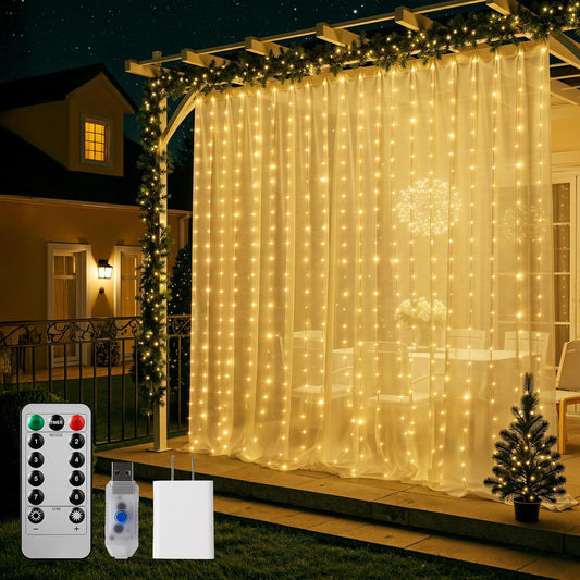 Brightown 300 LED Curtain String Lights, 9.8 FT Hanging Fairy Lights with Remote, 8 Modes, Waterproof Window Lights for Bedroom Backdrop Wedding Outdoor Party Christmas Decorations