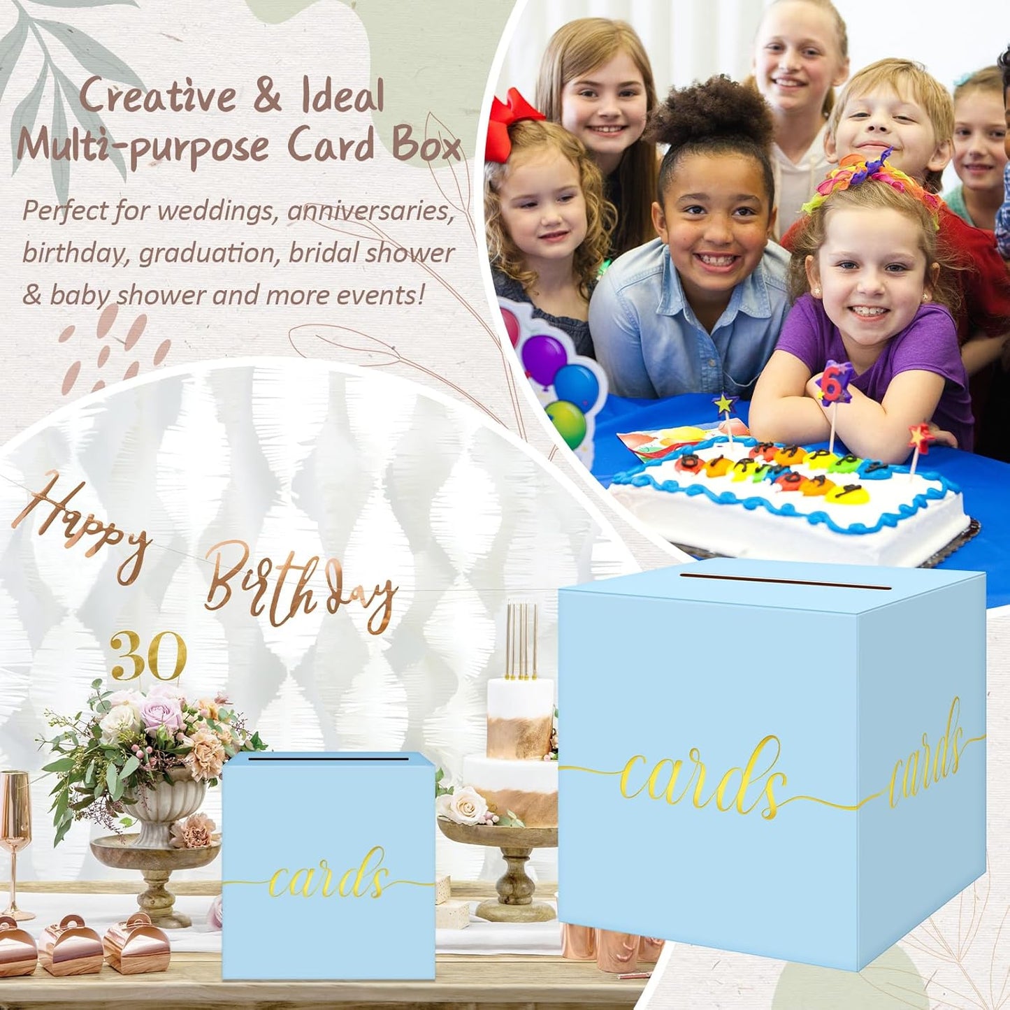 QIKSION Light Blue Wedding Card Box, Gold Foil Gift Card Box for Party, Wedding Reception, Birthday, Baby Shower, Raffle, Graduation