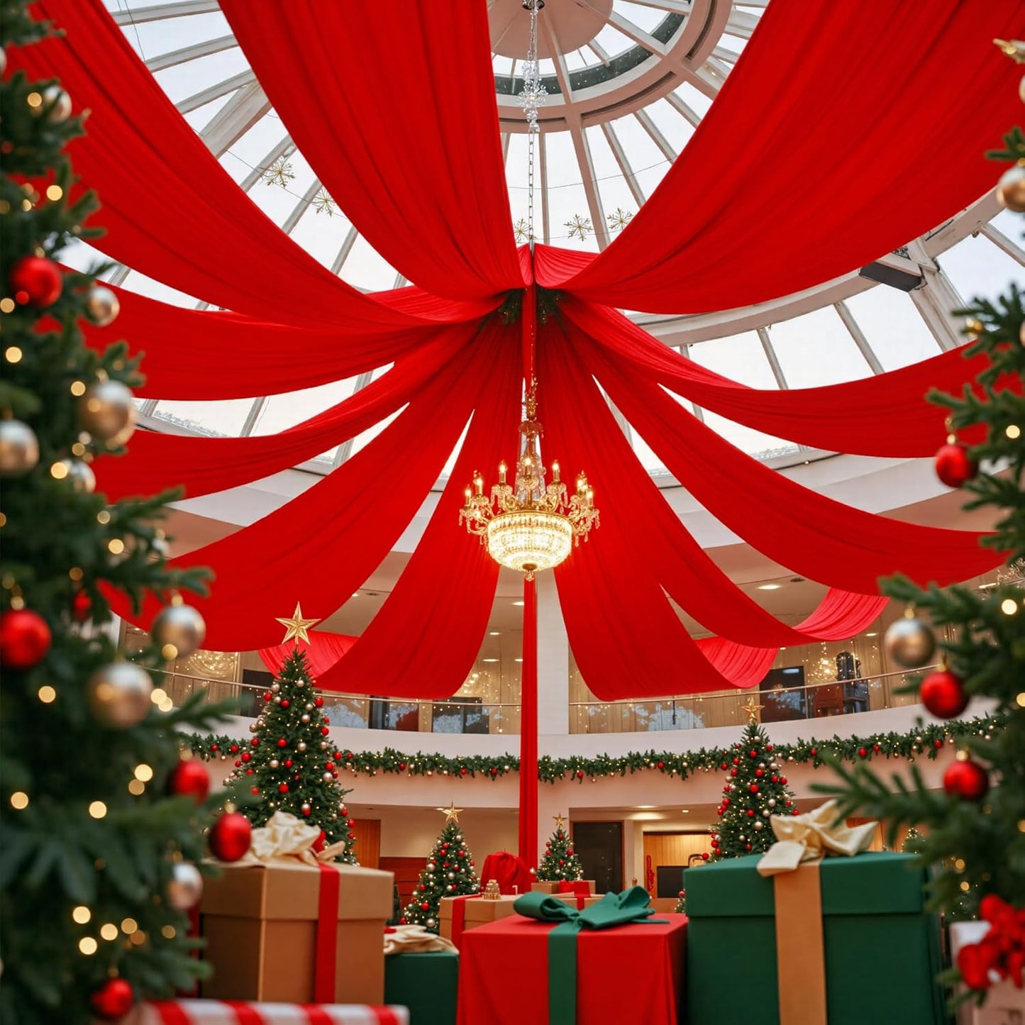 PartyVillage 4 Panels 5ftx30ft Red Ceiling Drapes for Wedding Parties – 30 FT Extra Long Thick Polyester Wrinkle-Free Drapery Tent Decor Decorations for Birthday Party Ceremony Stage Swag