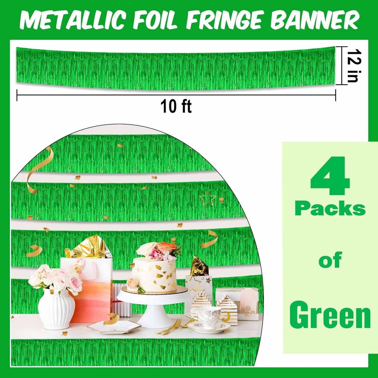 4 Pack 10 Ft Green Foil Fringe Garland Metallic Streamers Tinsel Banner Wall Hanging Garland Backdrop for Parade Floats, Halloween, Christmas, Thanksgiving, New Year Party Decorations