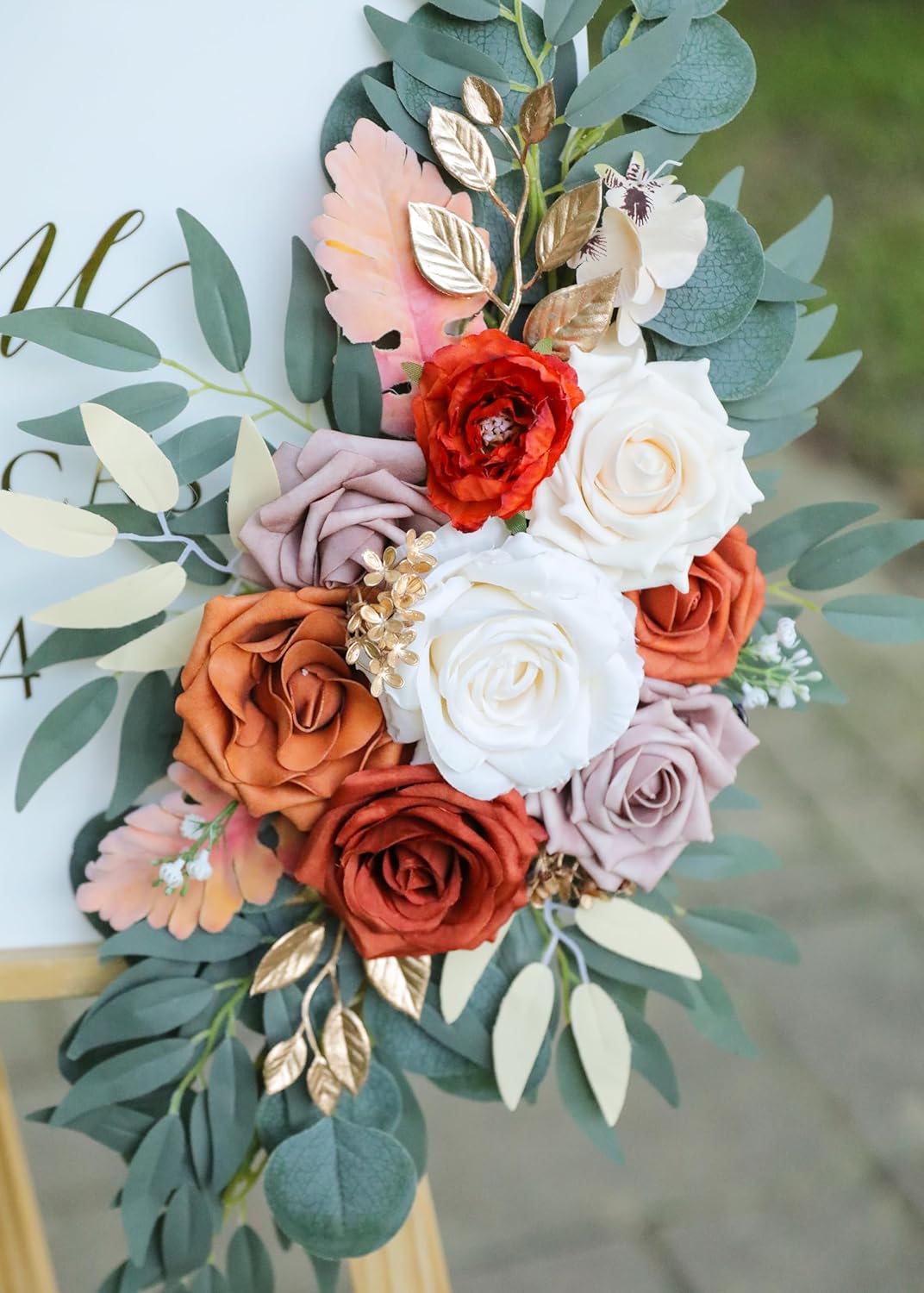 Burnt Orange Wedding Arch Flowers, Artificial Flowers for Wedding Welcome Signs and Autumn Weddings Reception Ceremony Decoration, Fall Flowers Decor (Set of 2)