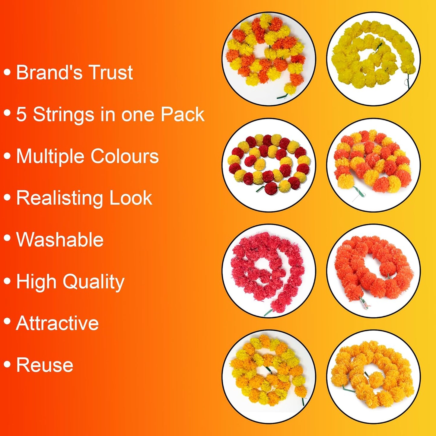 Artificial Marigold Flower Garland for Diwali Decoration, Weddings, Parties Events, Pooja Festival - Traditional Indian Decoration (Orange 5 PC | 4 to 4.5 ft) Hashcart®