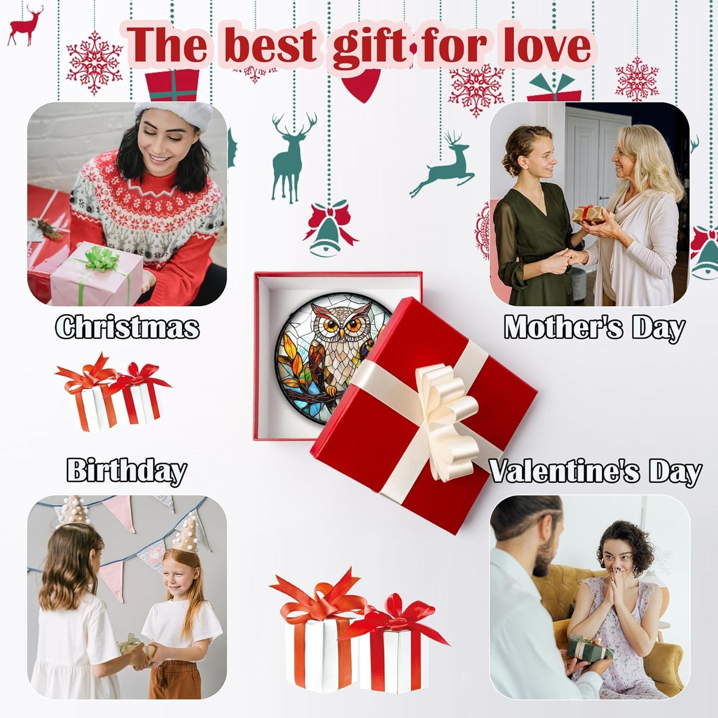 Stained Glass Window Hanging, Owl Colorful Leaves Birds Sun Catchers Diamond Glass Panel Hangings Suncatcher Decor for Birthday for Women, Men, Wife, Aunt, and Mom 6.3 in