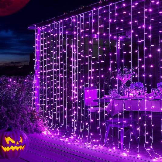Dazzle Bright 300 LED Curtain String Lights, Halloween Fairy Lights for Bedroom with 8 Lighting Modes, Connectable Waterproof Window Light Party Wedding Garden Wall Decor, Purple