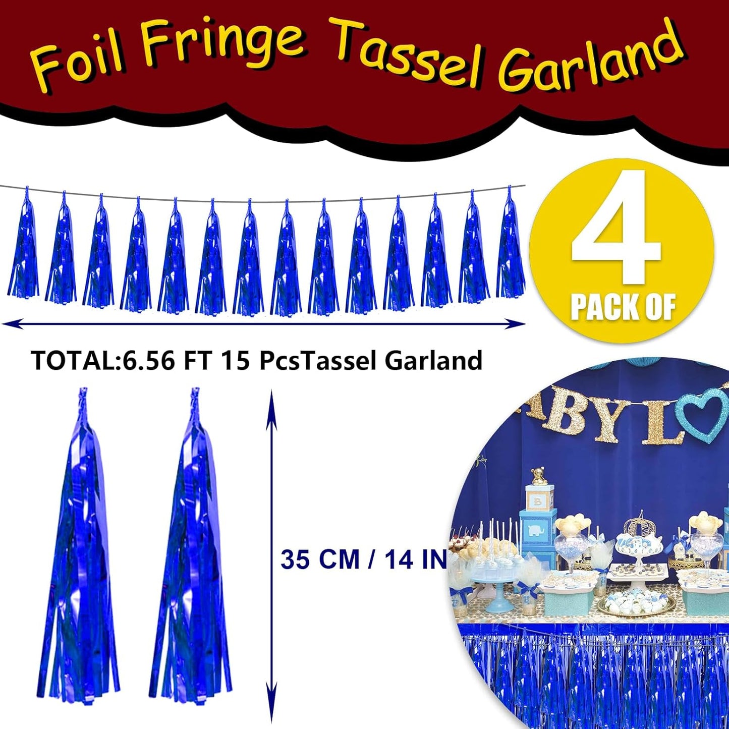 4P Blue Foil Fringe Tassel Banner Garland Metallic Tinsel Streamers Wall Hanging Curtain Backdrop Banner for Parade Floats, 2024 Graduation Decorations, Retirement Party Decoration