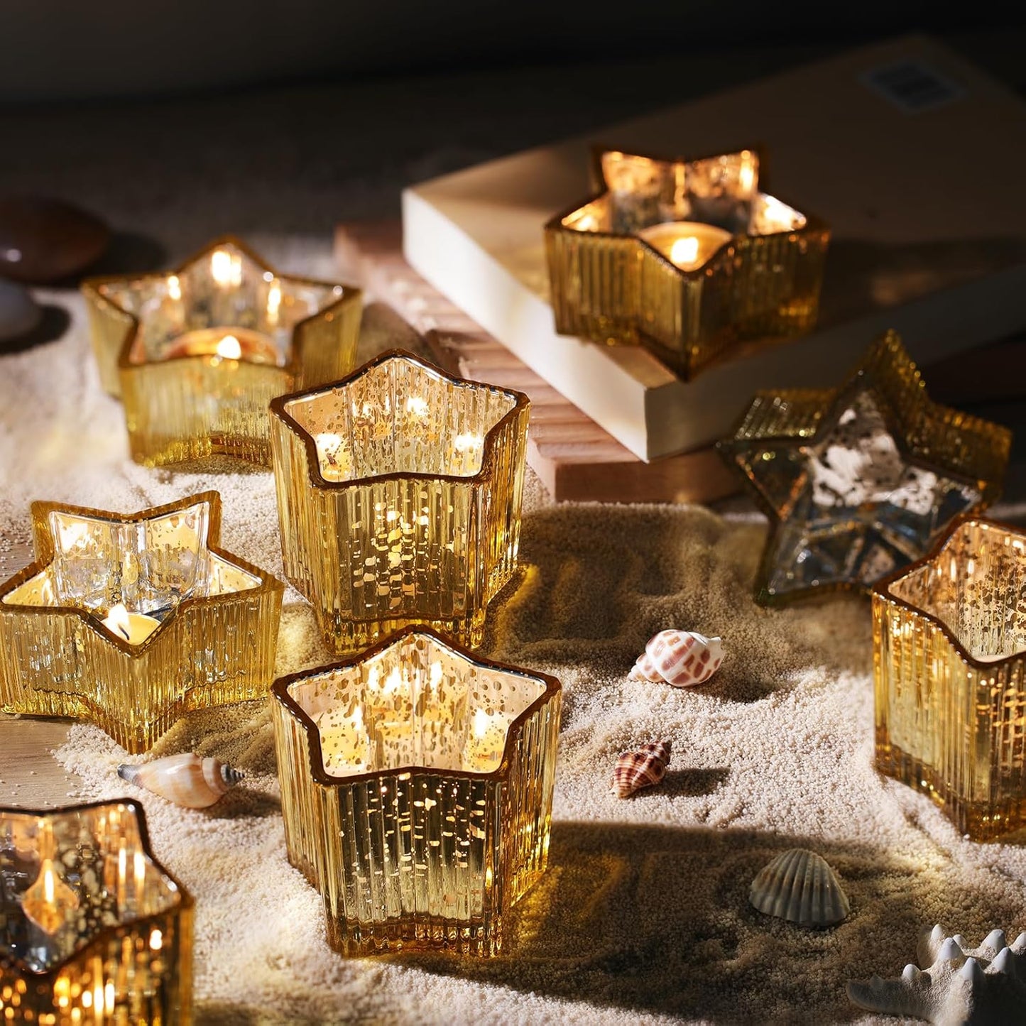 Letine 10pcs Gold Ribbed Candle Cups – Assorted Height Tea Light & Votive Candle Holders for Diwali, Wedding, Table Centerpiece, Fall & Holiday Decor – Lucky Star Jar (Tall 2.44", Short 1.57")