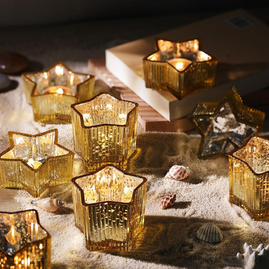 Letine 10pcs Gold Ribbed Candle Cups – Assorted Height Tea Light & Votive Candle Holders for Diwali, Wedding, Table Centerpiece, Fall & Holiday Decor – Lucky Star Jar (Tall 2.44", Short 1.57")